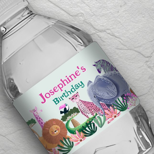 Rótulo De Garrafa De Vinho Safari jungle animals girl water bottle Label (Criador carregado)