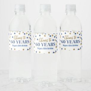 Rótulo De Garrafa De Vinho Saúde para 60 anos Azul, Dourado Confetti Aniversá