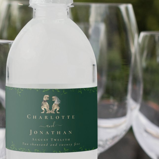 Rótulo De Garrafa De Vinho Tema Dinossauro Casamento Verde Escuro (dark green Dinosaur wedding personalized water bottle labels Eucalyptus foliage T-Rex bride & groom )