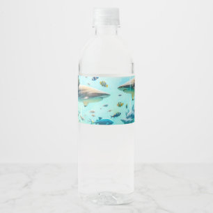 Rótulo De Garrafa De Vinho Tubarao & Peixe Aquático Aquarela Aquário Casament