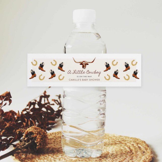 Rótulo De Garrafa De Vinho Um pequeno Chá de fraldas de cowboy (Western Cowboy baby shower water bottle labels)