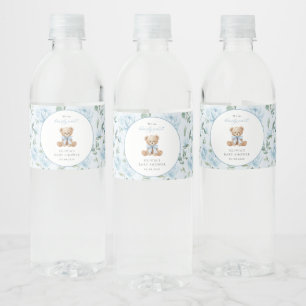 Rótulo De Garrafa De Vinho Urso de Pelúcia, Laço Azul, Flores Azuis, Chá de B