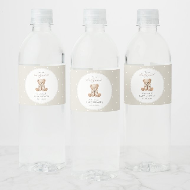 Rótulo De Garrafa De Vinho Urso de Pelúcia, Laço, Bolinhas Bege, Chá de Bebê (Garrafas)
