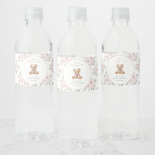 Rótulo De Garrafa De Vinho Urso de Pelúcia, Laço Rosa, Flores Rosas, Chá de B