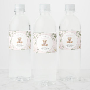 Rótulo De Garrafa De Vinho Urso de Pelúcia, Laço Rosa, Flores Rosas, Chá de B