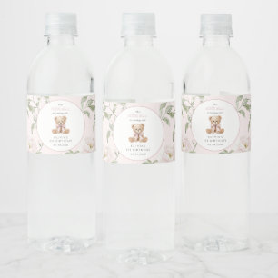 Rótulo De Garrafa De Vinho Urso de Pelúcia, Laço Rosa, Flores Rosas, Primeiro