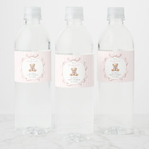 Rótulo De Garrafa De Vinho Urso de Pelúcia, Laço Rosa, Listras Rosas, Chá de