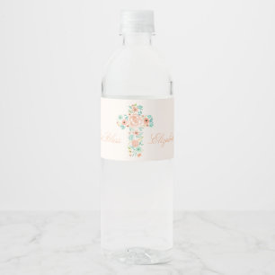 Rótulo De Garrafa De Vinho Watercolor Peach Mint Flower Cross First Communtio