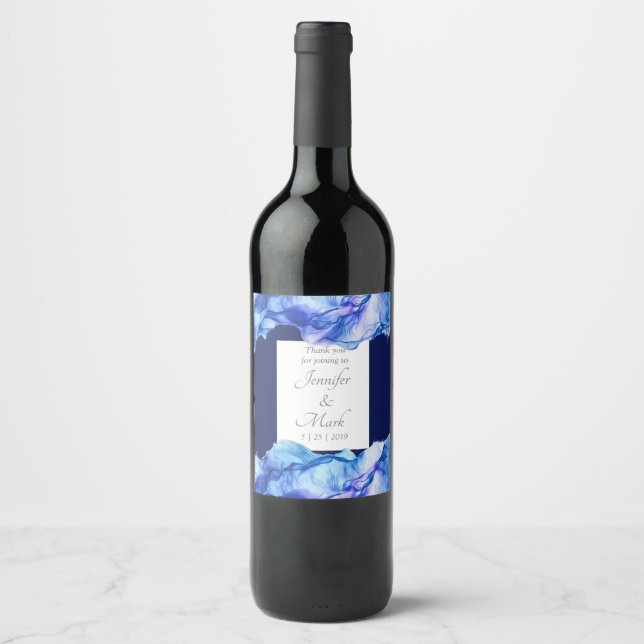Rótulo de Vinho abstrato da Seda Azul de Casamento (Frente)