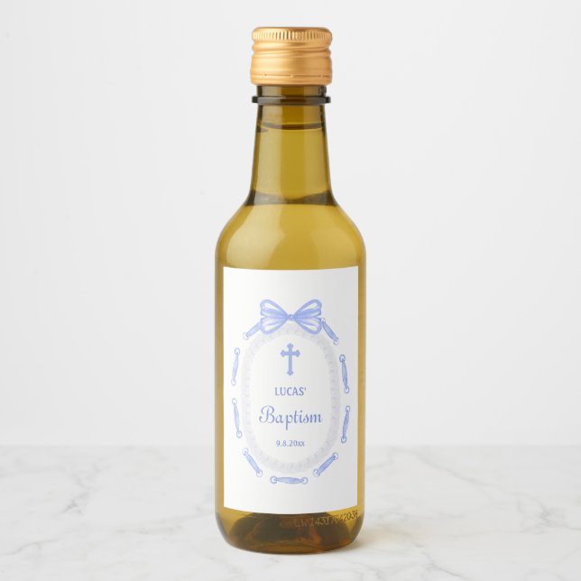 Rótulo de Vinho Batismo Quadro Fita de Laço Azul (Frente)