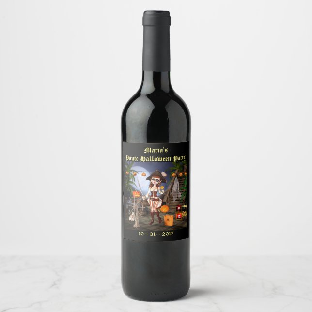 Rótulo de Vinho da Garota Pirata das Halloween (Frente)