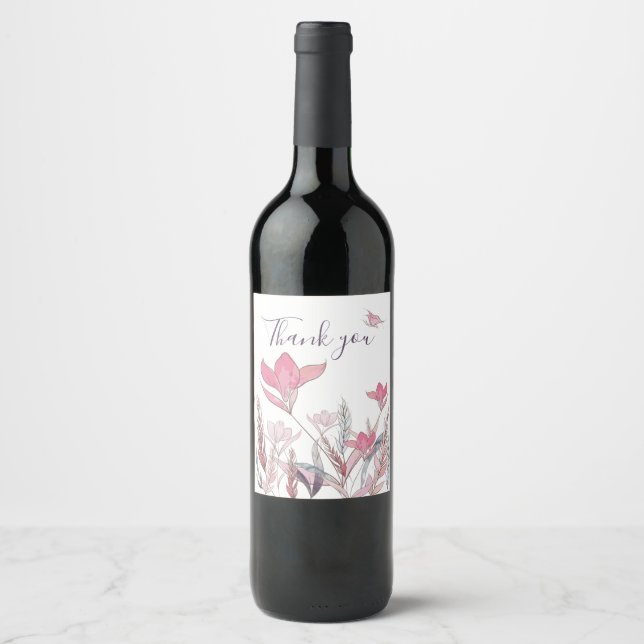 Rótulo de Vinho de Agradecimento Floral em Aquarel (Frente)
