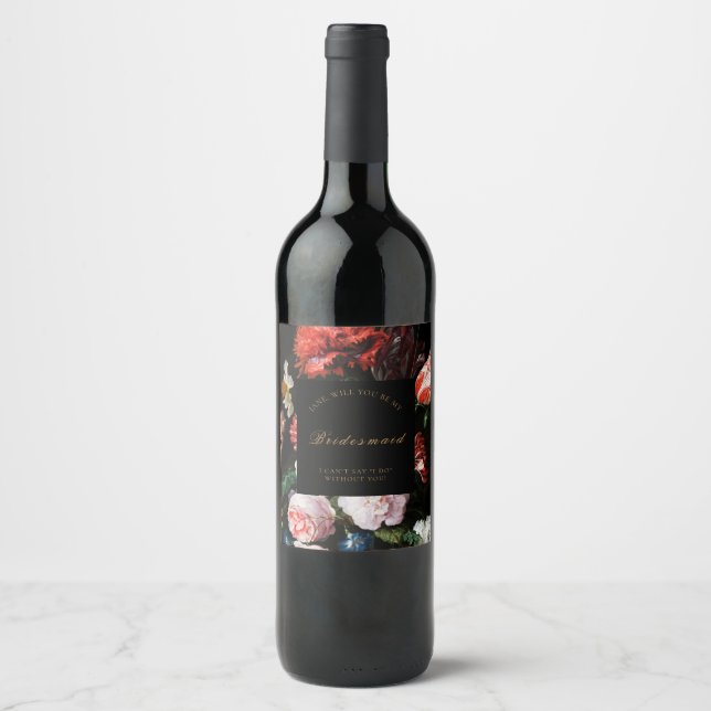 Rótulo de Vinho de Bridesmaid de Casamento Floral  (Frente)