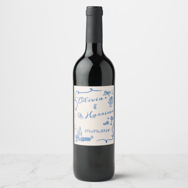 Rótulo de Vinho De Casamento Azul Retrorado De Mão (Frente)