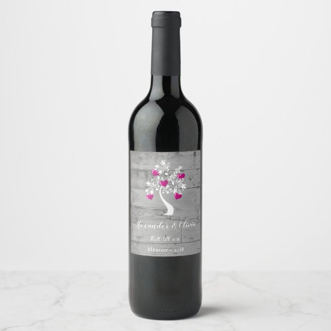 Rótulo de Vinho de Casamento da Árvore Magenta de  (Frente)
