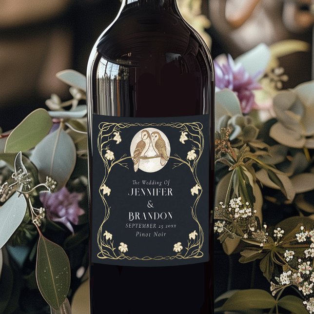 Rótulo de Vinho de Casamento de Coruja Nouveau (Criador carregado)