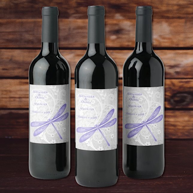 Rótulo de Vinho de Casamento de Dragonfly Roxo (Purple Dragonfly Wedding Wine Label)