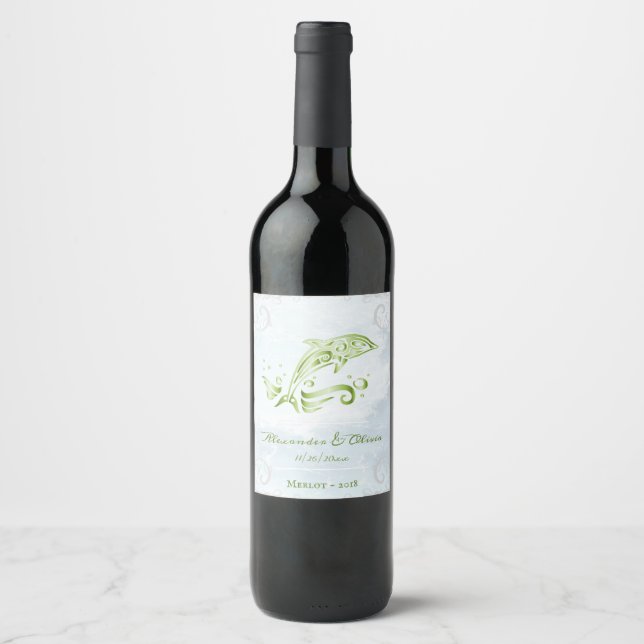 Rótulo de Vinho de Casamento de Golfinhos Verdes (Frente)