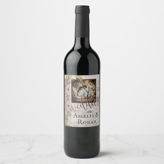 Rótulo de Vinho de Casamento de Madeira Rústica e  (Frente)