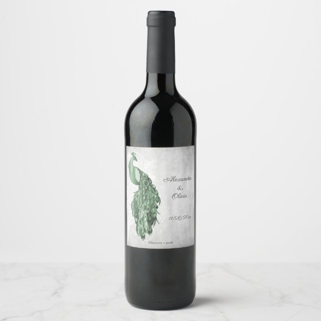 Rótulo de Vinho de Casamento de Peacock Verde Emer (Frente)