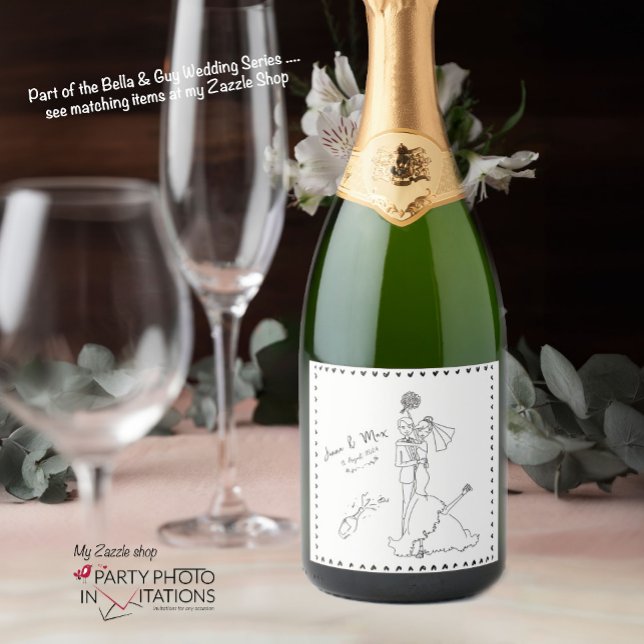 rótulo de vinho de casamento desenhado à mão (bella and guy hand drawn wine Label)