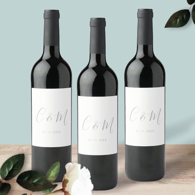 Rótulo de Vinho de Casamento do Monograma de Prata (Criador carregado)