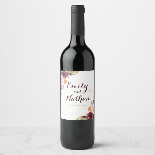 Rótulo de Vinho de Casamento Dourado Floral (Frente)