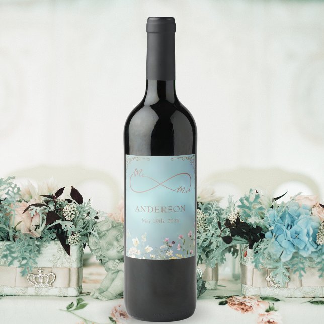 Rótulo de Vinho de Casamento Floral Azul Elegante (Criador carregado)