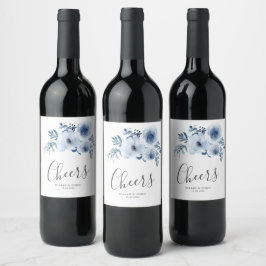 rótulo de vinho de casamento floral azul empoeirad