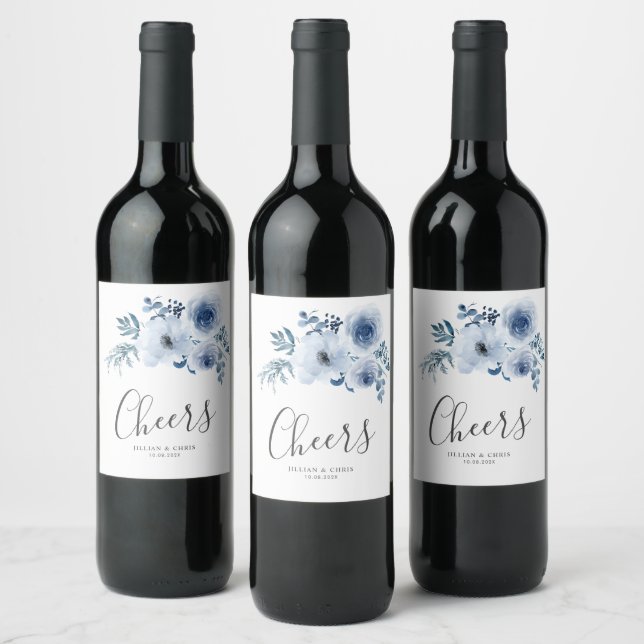 rótulo de vinho de casamento floral azul empoeirad (Garrafas)