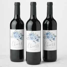 rótulo de vinho de casamento floral azul poeira em