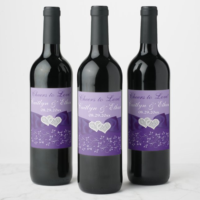 Rótulo de Vinho de Casamento Floral Branco Roxo-AR (Garrafas)