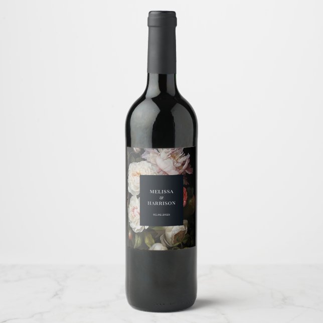 Rótulo de Vinho de Casamento Floral de Moody Peony (Frente)