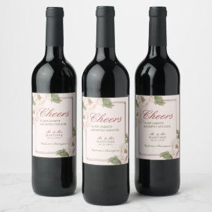 Rótulo de Vinho de Casamento Floral de Peônias Ros