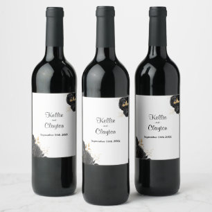 Rótulo De Vinho De Casamento Floral Preto E Dourad