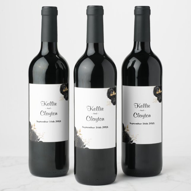Rótulo De Vinho De Casamento Floral Preto E Dourad (Garrafas)