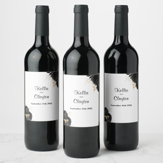 Rótulo De Vinho De Casamento Floral Preto E Dourad (Garrafas)