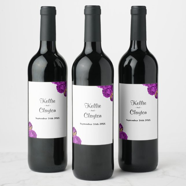 Rótulo De Vinho De Casamento Floral, Roxo E Dourad (Garrafas)
