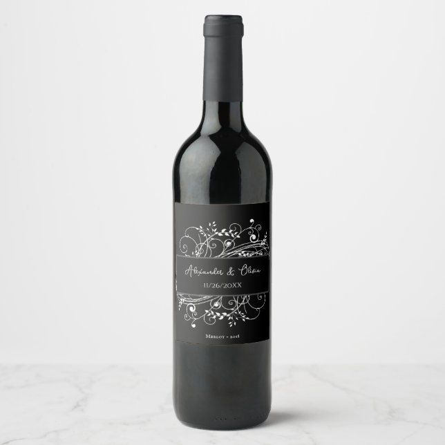 Rótulo de Vinho de Casamento Floreado Preto (Frente)