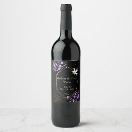 Rótulo de Vinho de Casamento Flores Roxas e Pretas