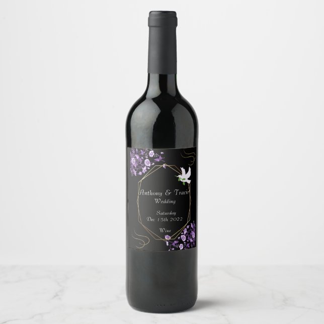 Rótulo de Vinho de Casamento Flores Roxas e Pretas (Frente)