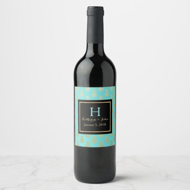 Rótulo de Vinho de Casamento Monograma de Ananás o (Frente)