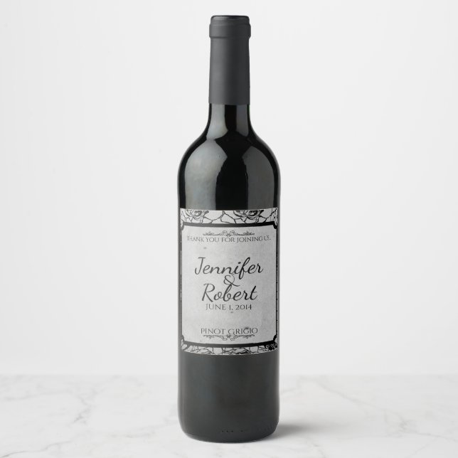 Rótulo de Vinho de Casamento Rosa Gótico Preto (Frente)