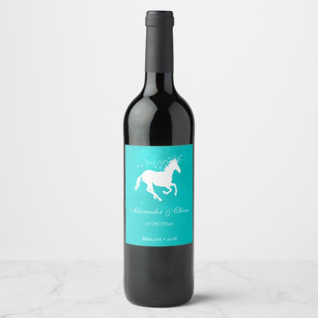 Rótulo de Vinho de Casamento Turquesa Unicorn (Frente)