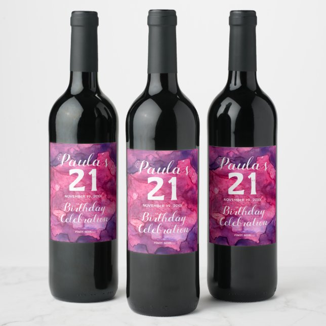 Rótulo de Vinho de Cor aniversário de 21 anos rosa (Garrafas)