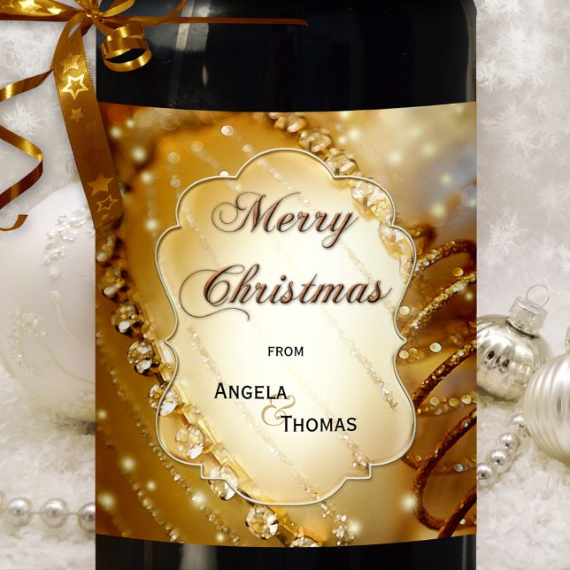 Rótulo de Vinho de Natal Personalizado Dourado com (Festive Christmas holidays wine label featuring a sparkling gold design with crystals)