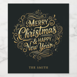 Rótulo de Vinho de Script de Natal Preto e Dourado