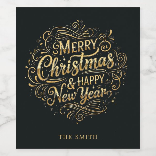 Rótulo de Vinho de Script de Natal Preto e Dourado (Rótulo Único)