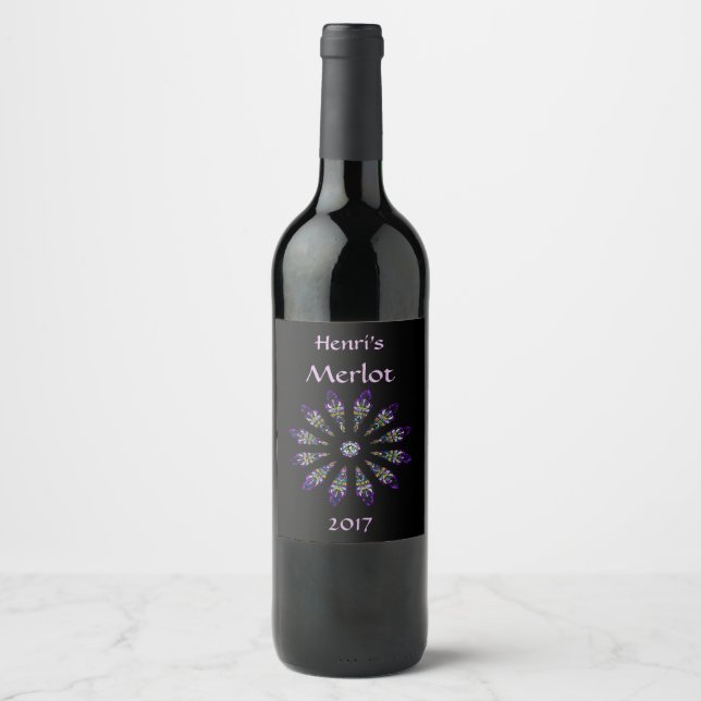 Rótulo de Vinho de Vidro Negro e Roxo de Mandala (Frente)