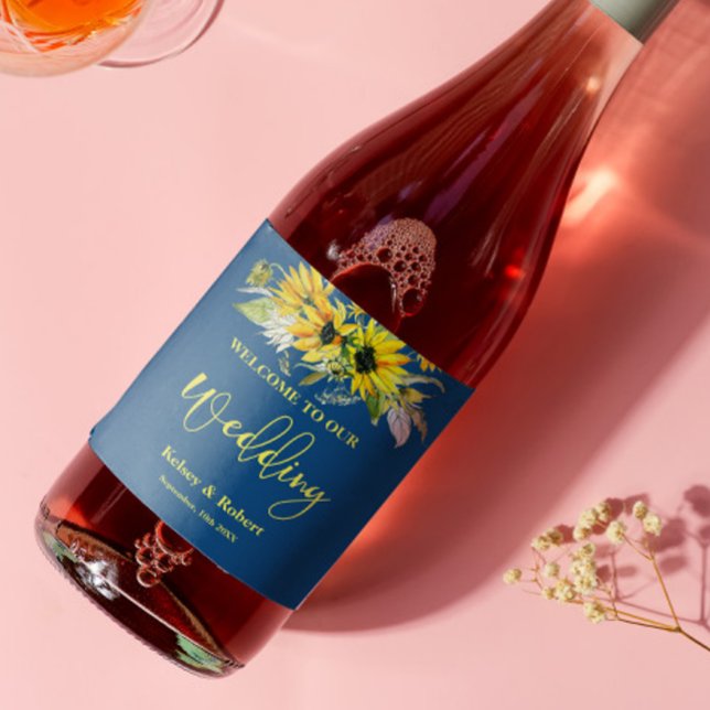 Rótulo de Vinho do Casamento de Girassol Azul (Criador carregado)